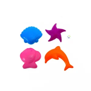 Moldes de colores variados para arena cinética, incluye delfín, estrella de mar, concha y pez.