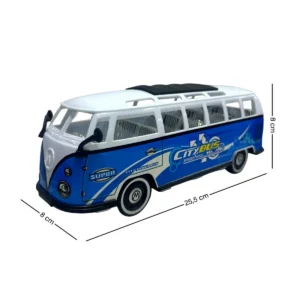 Autobús de juguete azul y blanco con diseño retro y deportivo.