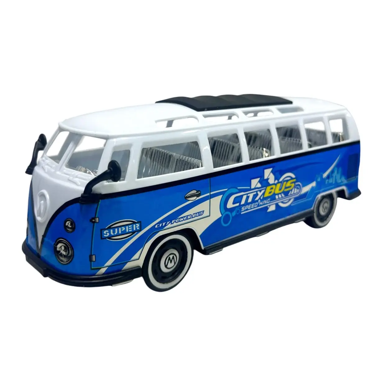 Autobús de juguete azul y blanco estilo retro con diseño deportivo.