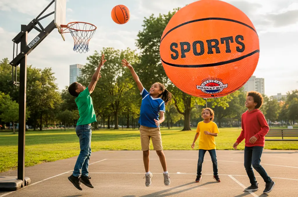 Niños jugando baloncesto en una cancha al aire libre con balón.