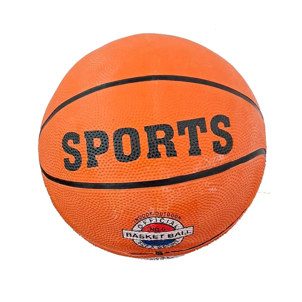 Balón de baloncesto naranja con la palabra "SPORTS" y bandas negras.