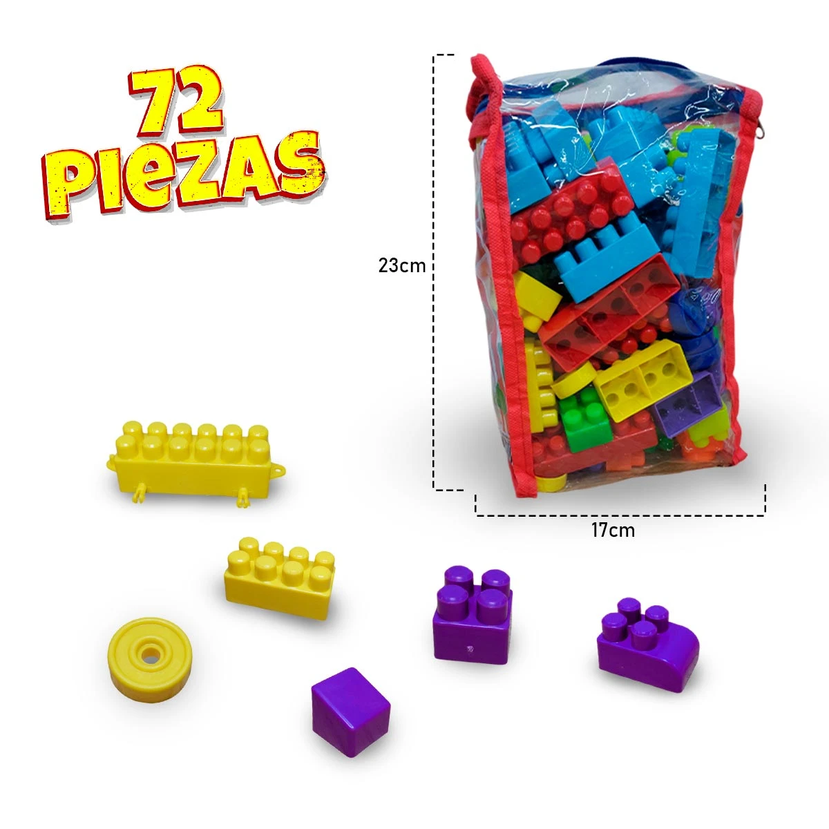 Bolsa de bloques de construcción de colores con piezas sueltas.