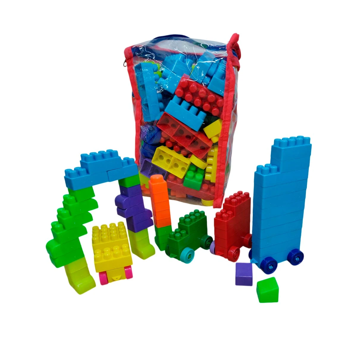 Bloques de construcción coloridos y una bolsa transparente.