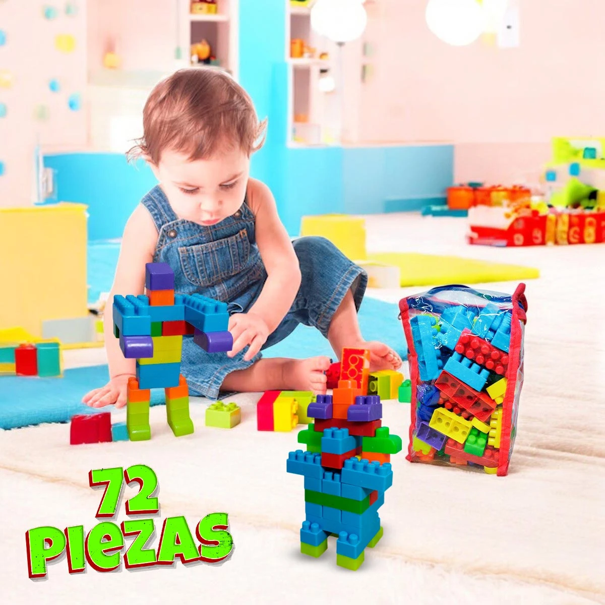 Niño jugando con bloques de construcción coloridos en la alfombra.