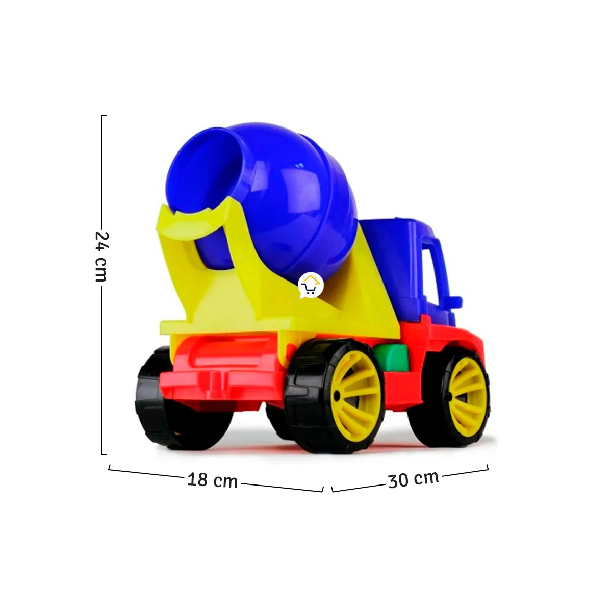 Camión mezclador volqueta de plástico, colores brillantes y diseño funcional, ideal para niños.