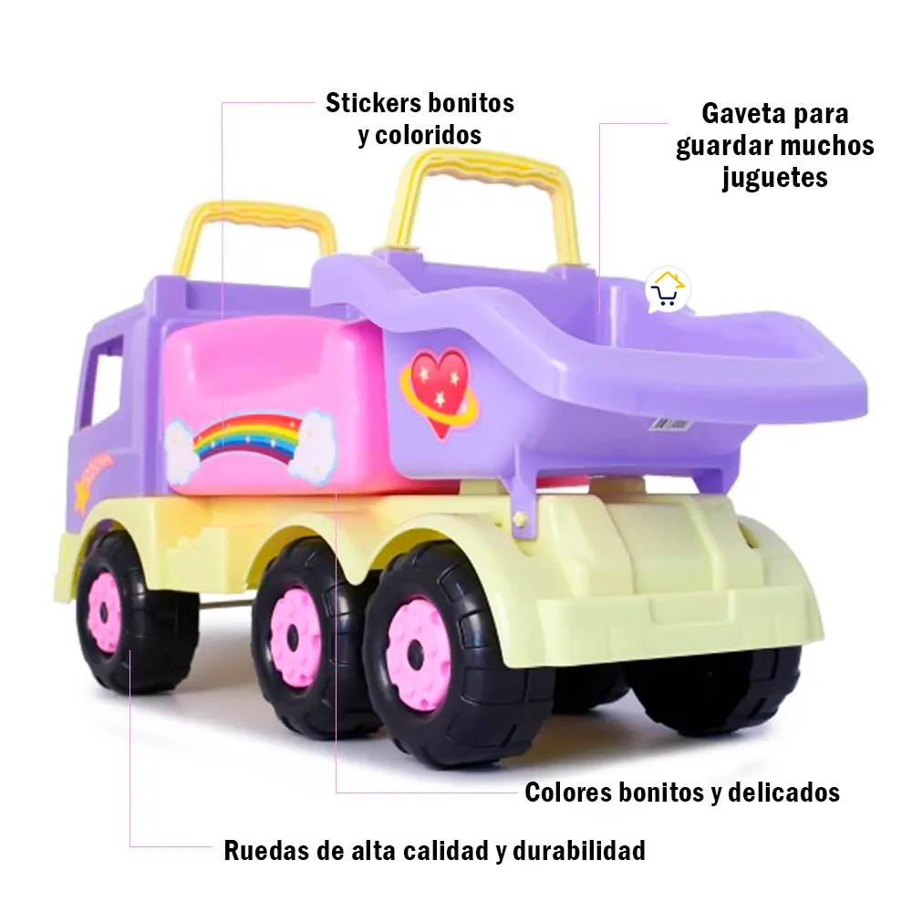 Camión montable infantil en colores pasteles con stickers coloridos y volco inclinable.