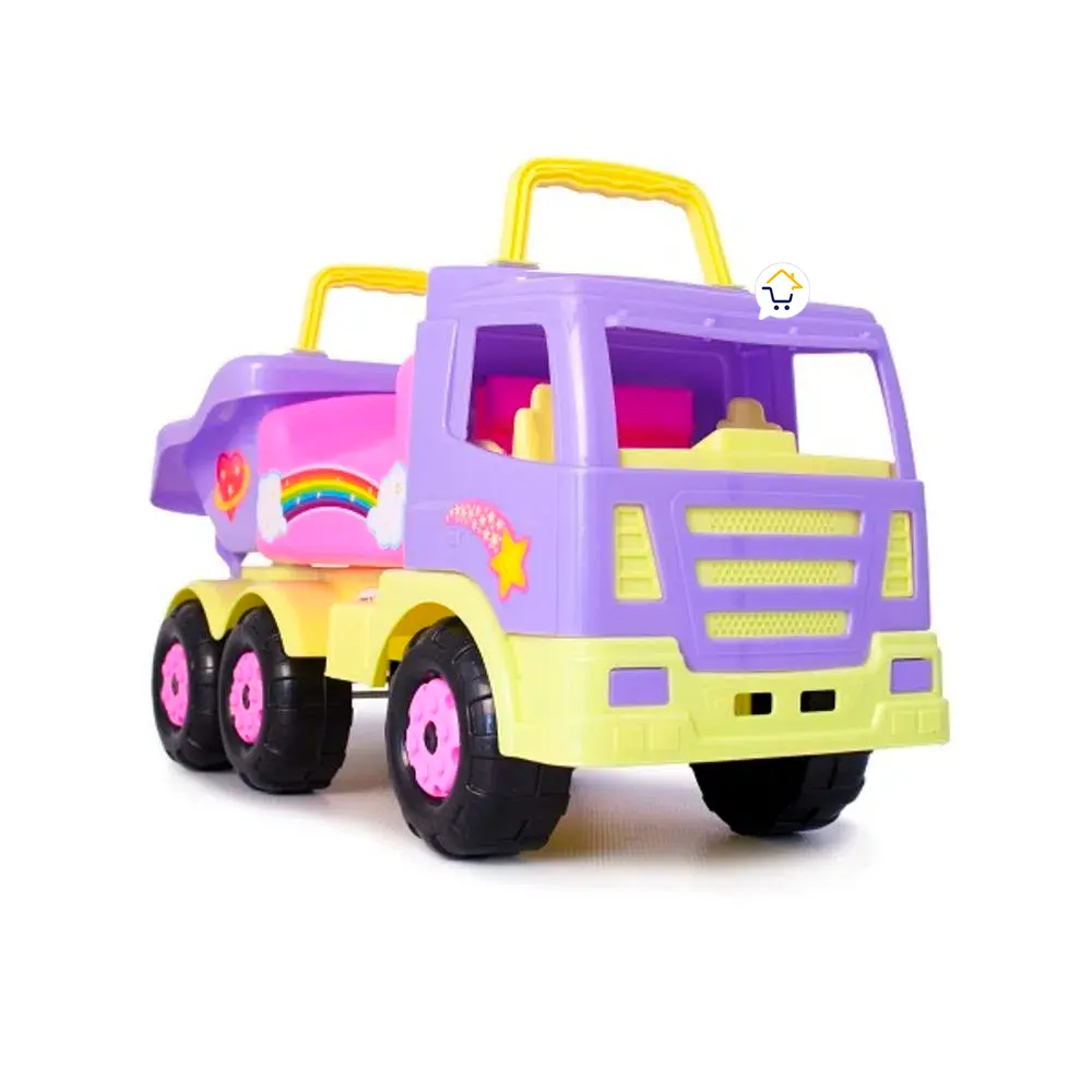 Camión montable infantil en colores pastel con volco y stickers decorativos.