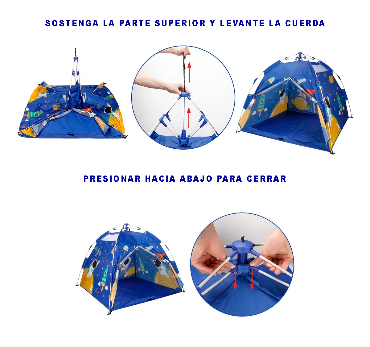Instrucciones de montaje para carpa infantil azul con diseño espacial.