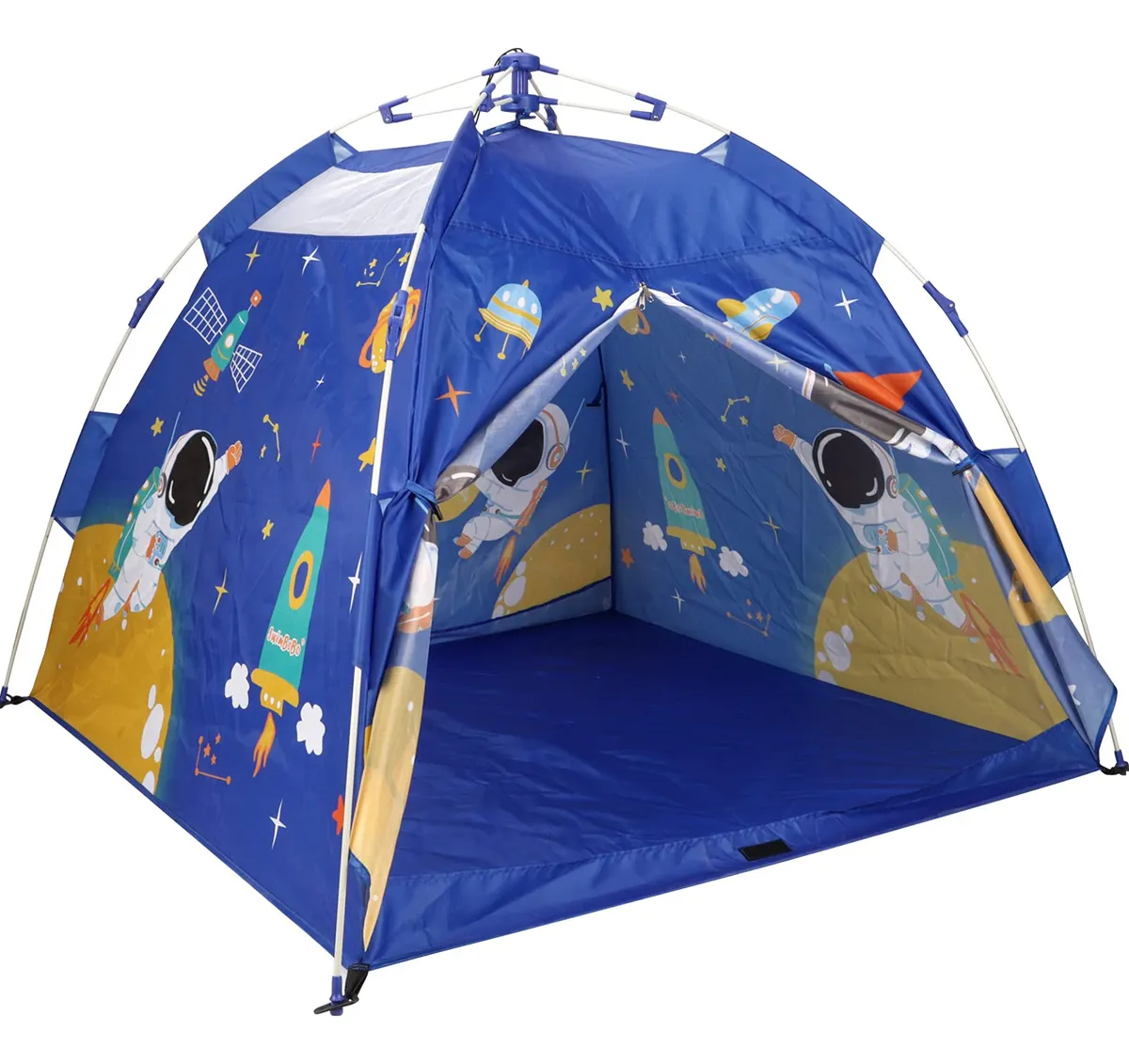 Carpa azul para niños con diseño espacial y astronautas.