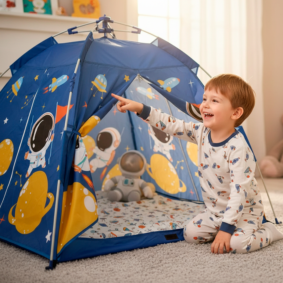 Niño sonriente en pijama junto a una carpa azul con diseño espacial.
