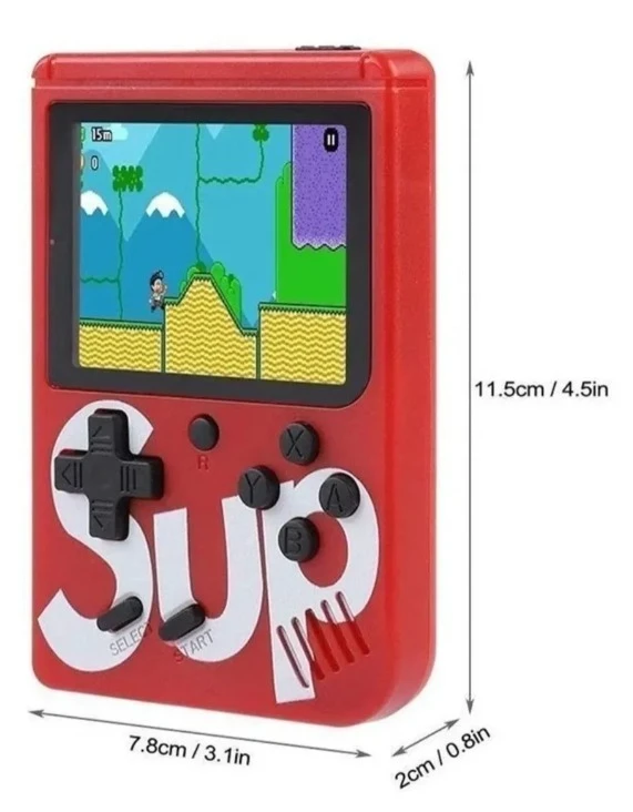 Consola portátil roja SUP con pantalla LED mostrando un juego.