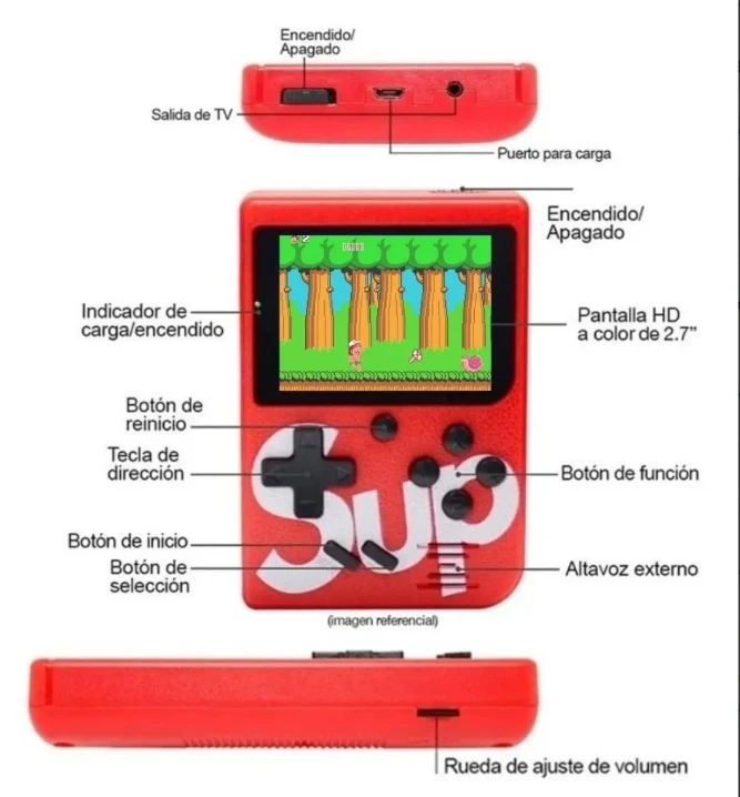 Consola portátil SUP roja con botones y pantalla a color.