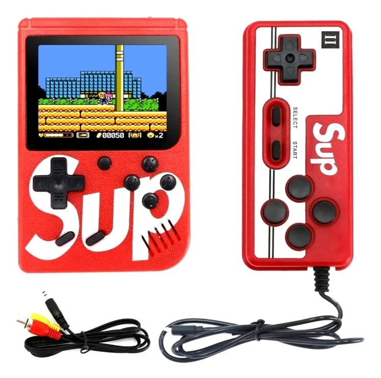 Consola portátil SUP roja con control y cables incluidos.