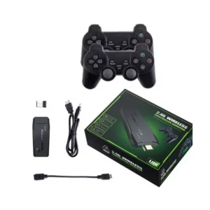 Consola de videojuegos con dos controles y accesorios HDMI