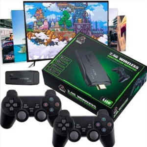 Consola Game Stick Lite con controles inalámbricos y TV.