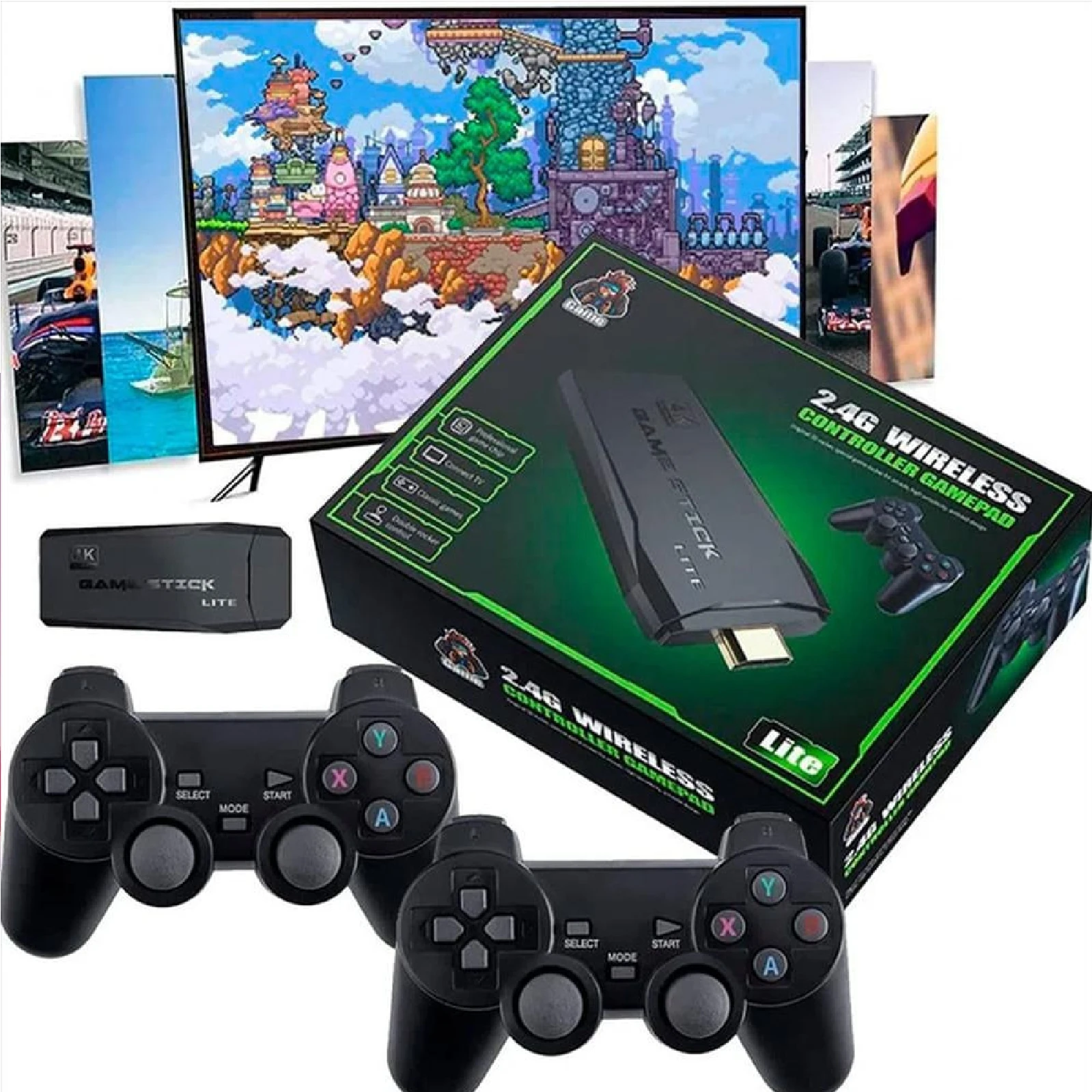 Consola Game Stick Lite con controles inalámbricos y TV.