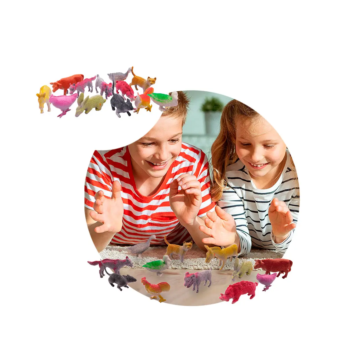 Niños jugando con figuras de animales de granja en miniatura.