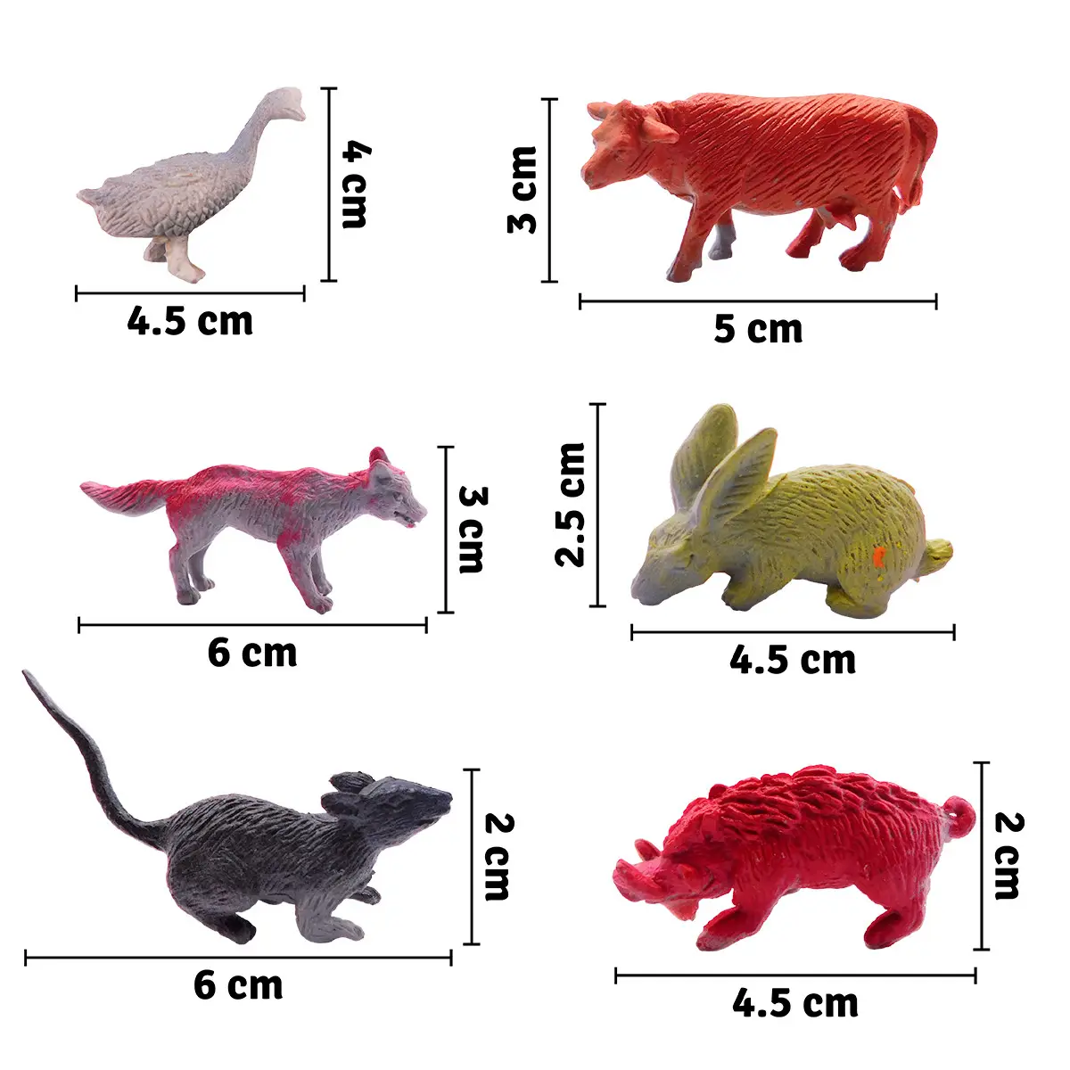 Figuras de animales de granja con medidas y detalles de textura.