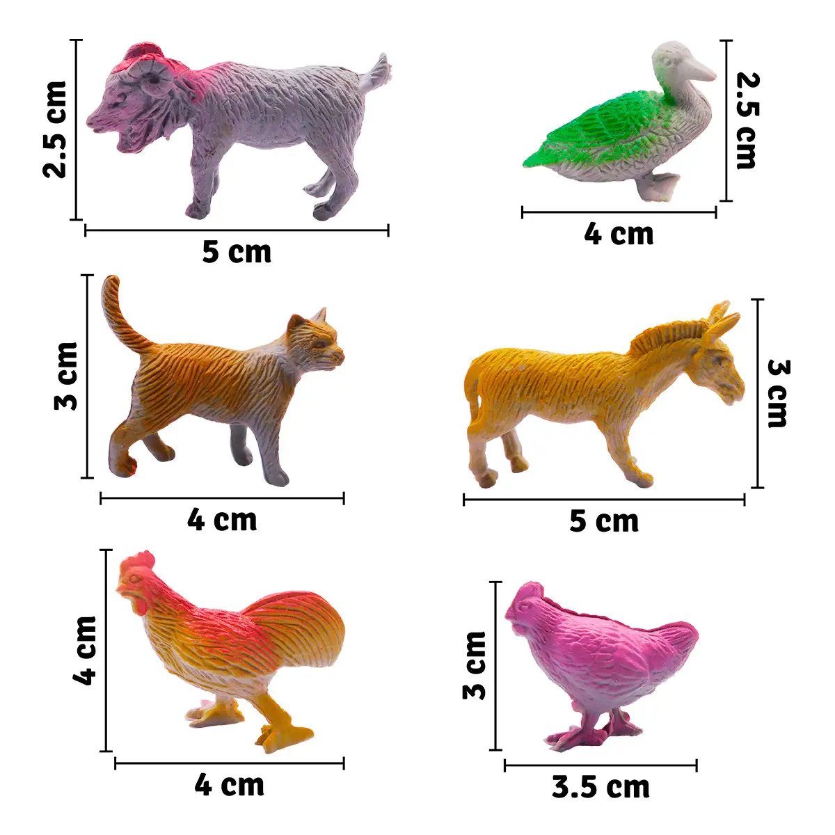 Figuras de animales de granja en colores vibrantes con medidas.