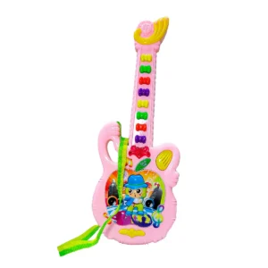 Guitarra de juguete rosa con botones coloridos y diseño infantil alegre.