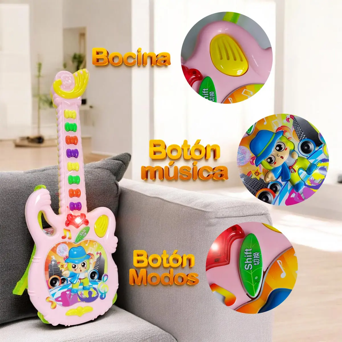 Guitarra de juguete rosa con botones coloridos y luces.