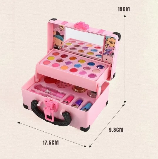 Juego de maquillaje infantil rosa con múltiples accesorios coloridos.