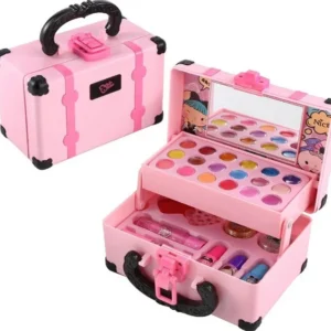 Maletín rosa de maquillaje infantil con colores vibrantes y espejo.