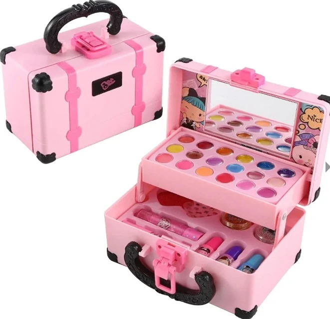 Maletín rosa de maquillaje infantil con colores vibrantes y espejo.