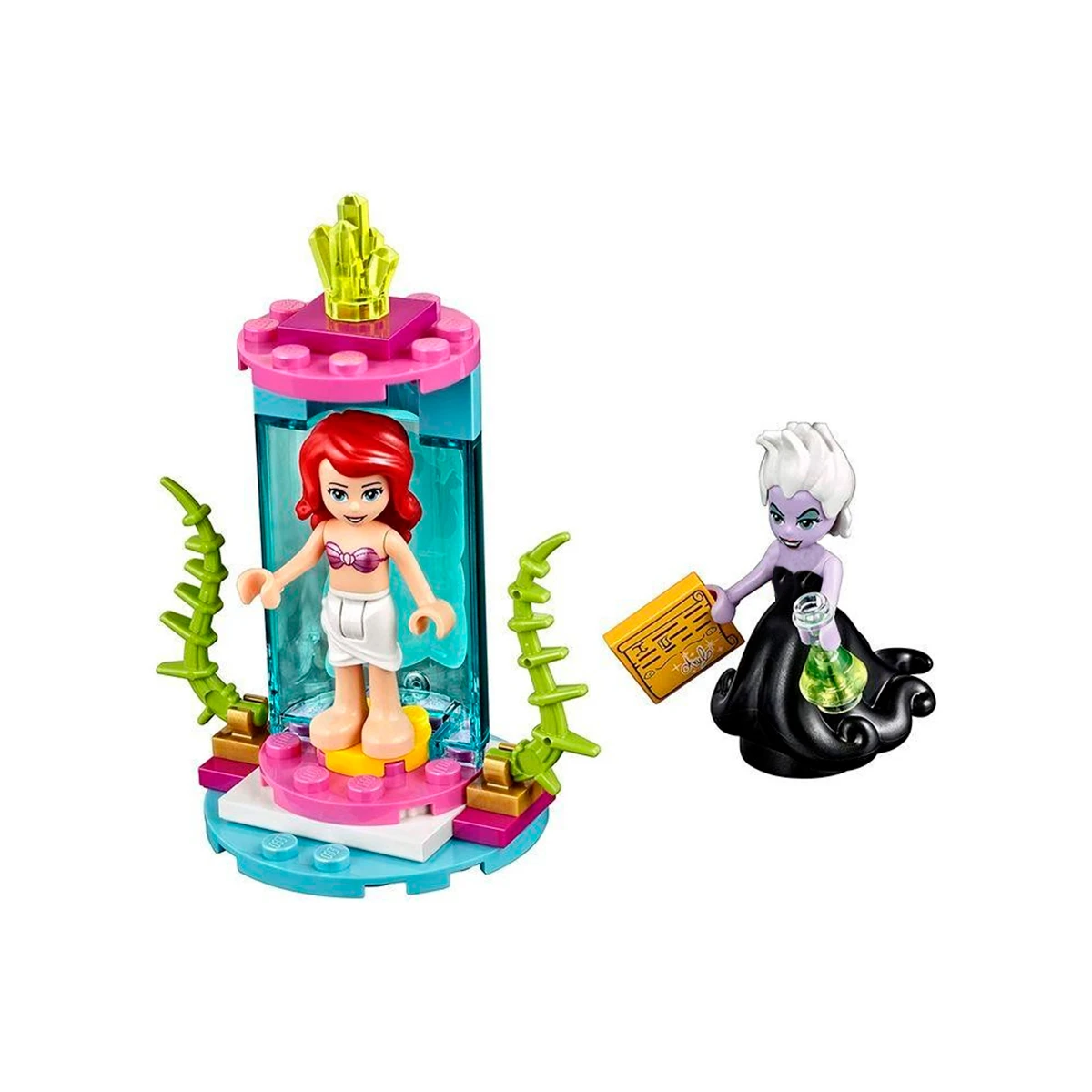 Minifigura de princesa sirena en cápsula mágica con bruja marina.