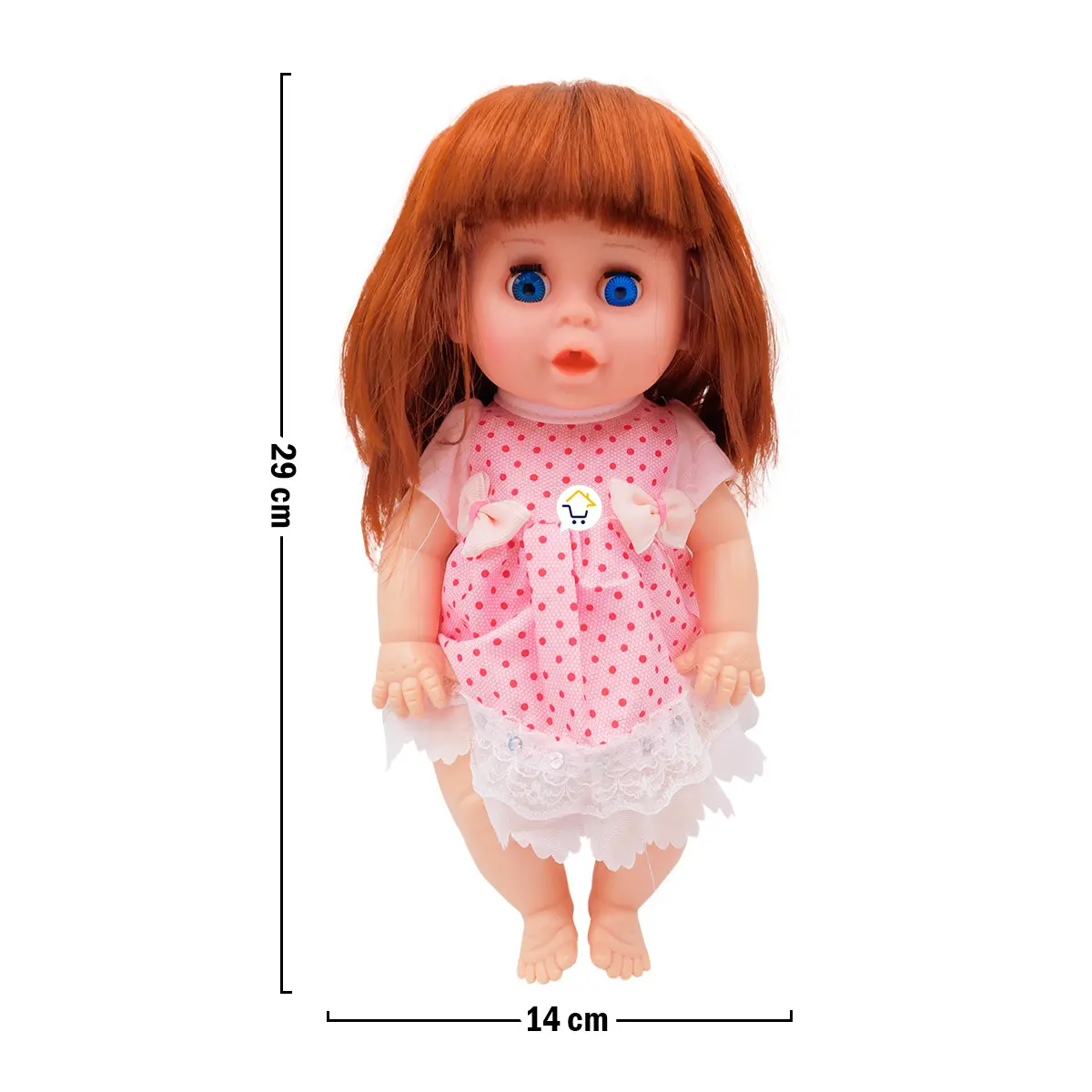 Muñeca bebé pelirroja con vestido rosa de lunares y encaje.