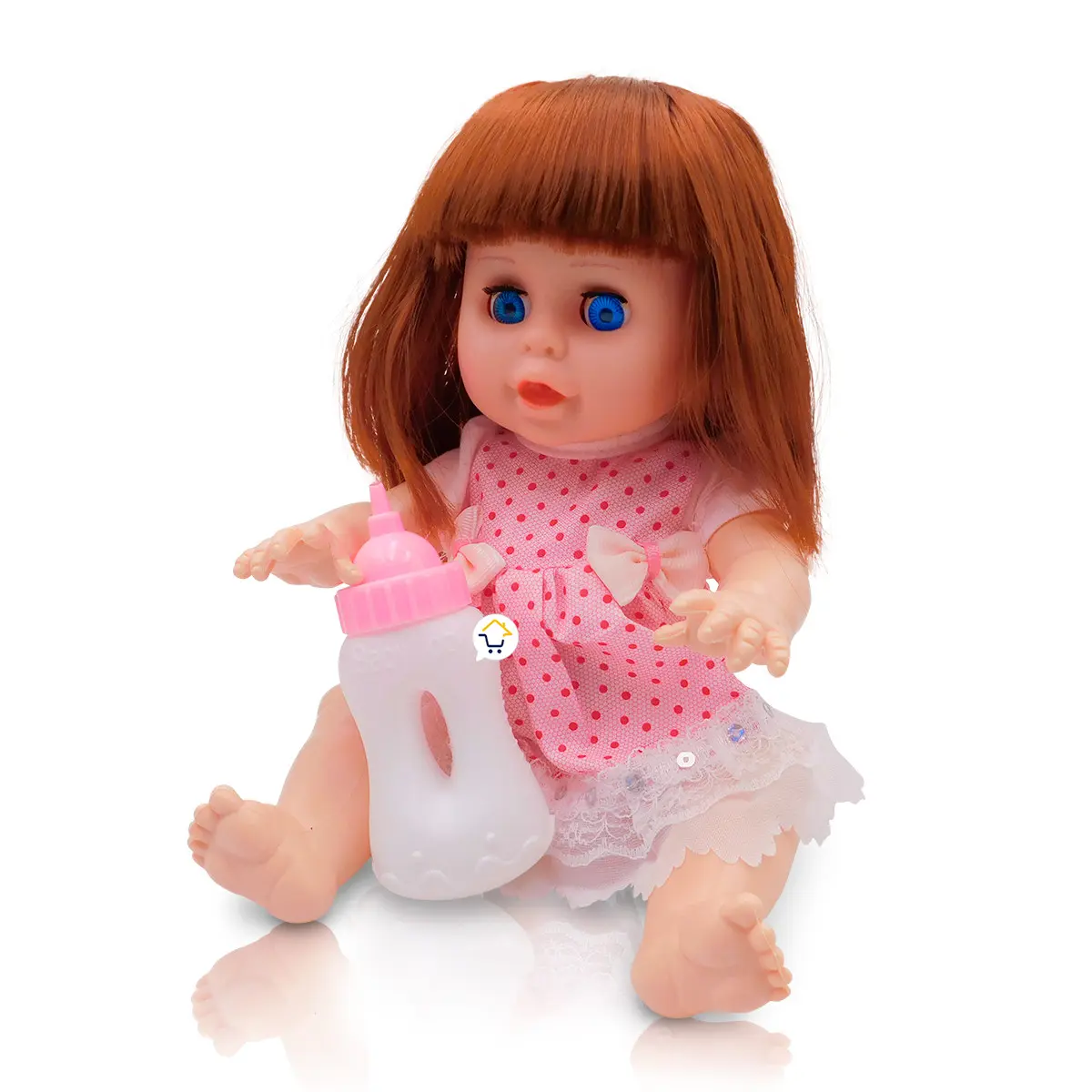 Muñeca bebé con cabello castaño, vestido rosa y biberón.