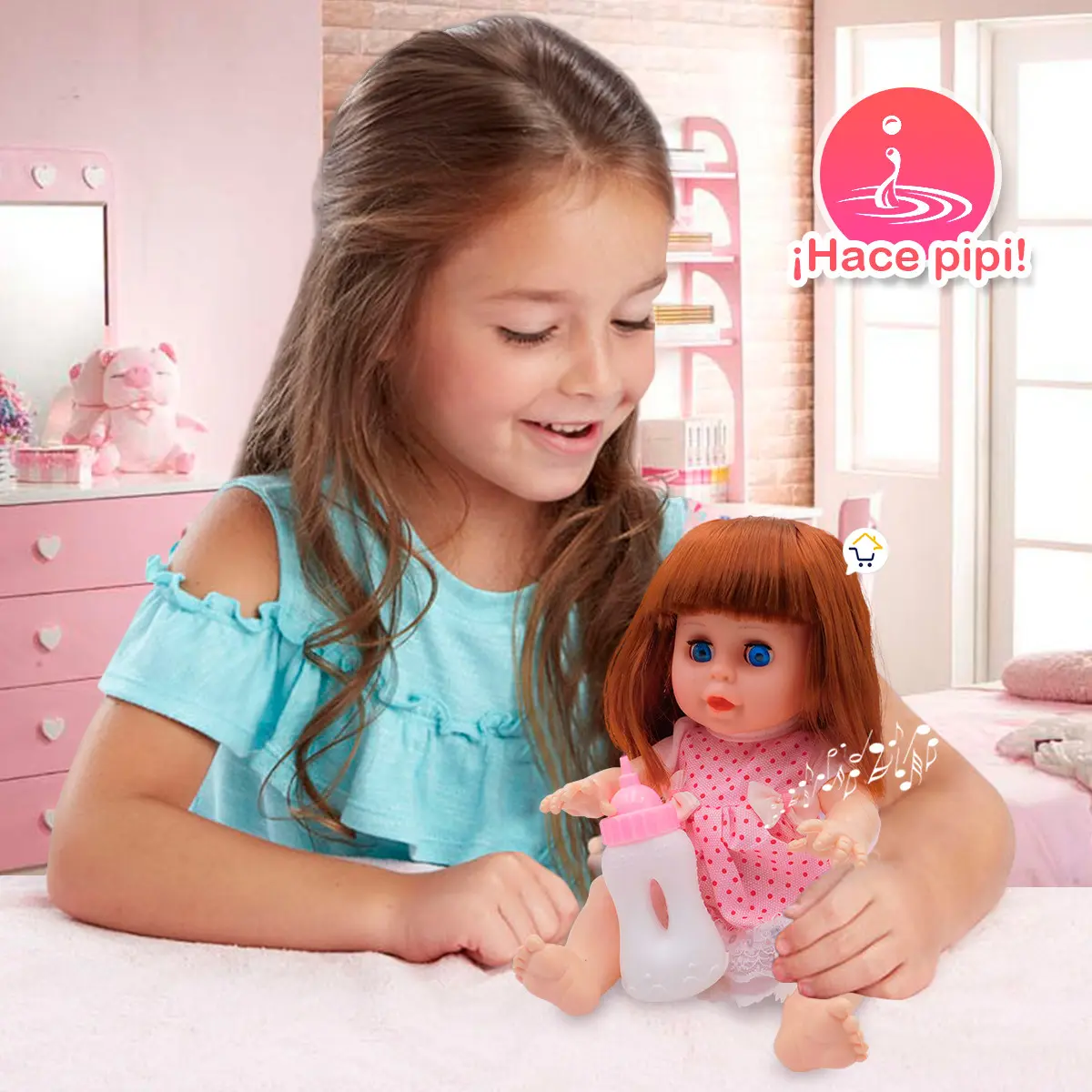 Niña jugando con muñeca que hace pipí y sonidos en un dormitorio infantil.