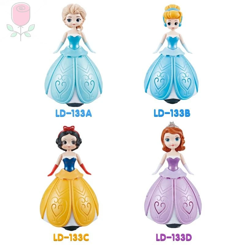 Cuatro muñecas de princesas Disney con vestidos coloridos.