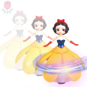 Muñeca de princesa giratoria con vestido amarillo y efectos de luz.
