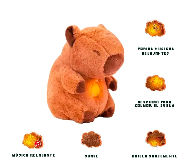 Peluche de capibara marrón con luz suave en el centro y funciones de música relajante.