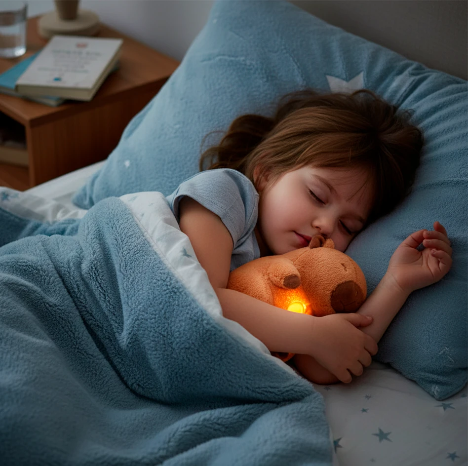 Niña durmiendo abrazada a un peluche capybara que emite una luz suave.