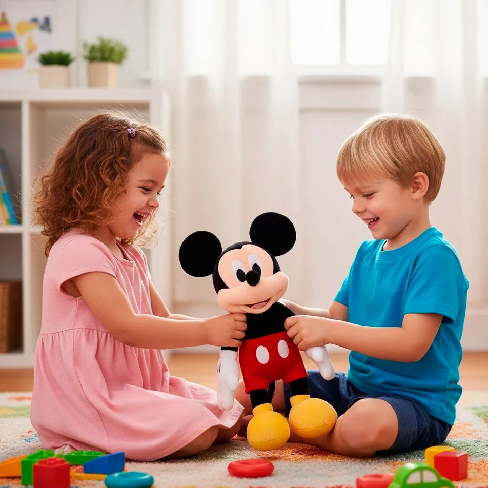 Dos niños jugando felices con un peluche de Mickey Mouse.