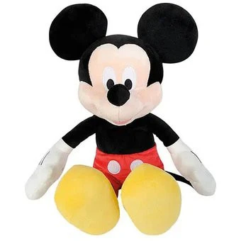 Peluche de Mickey Mouse con orejas grandes y ropa clásica.