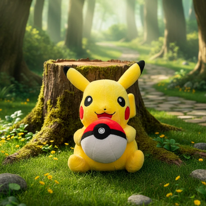 Peluche de Pikachu sosteniendo una Pokébola en un bosque.
