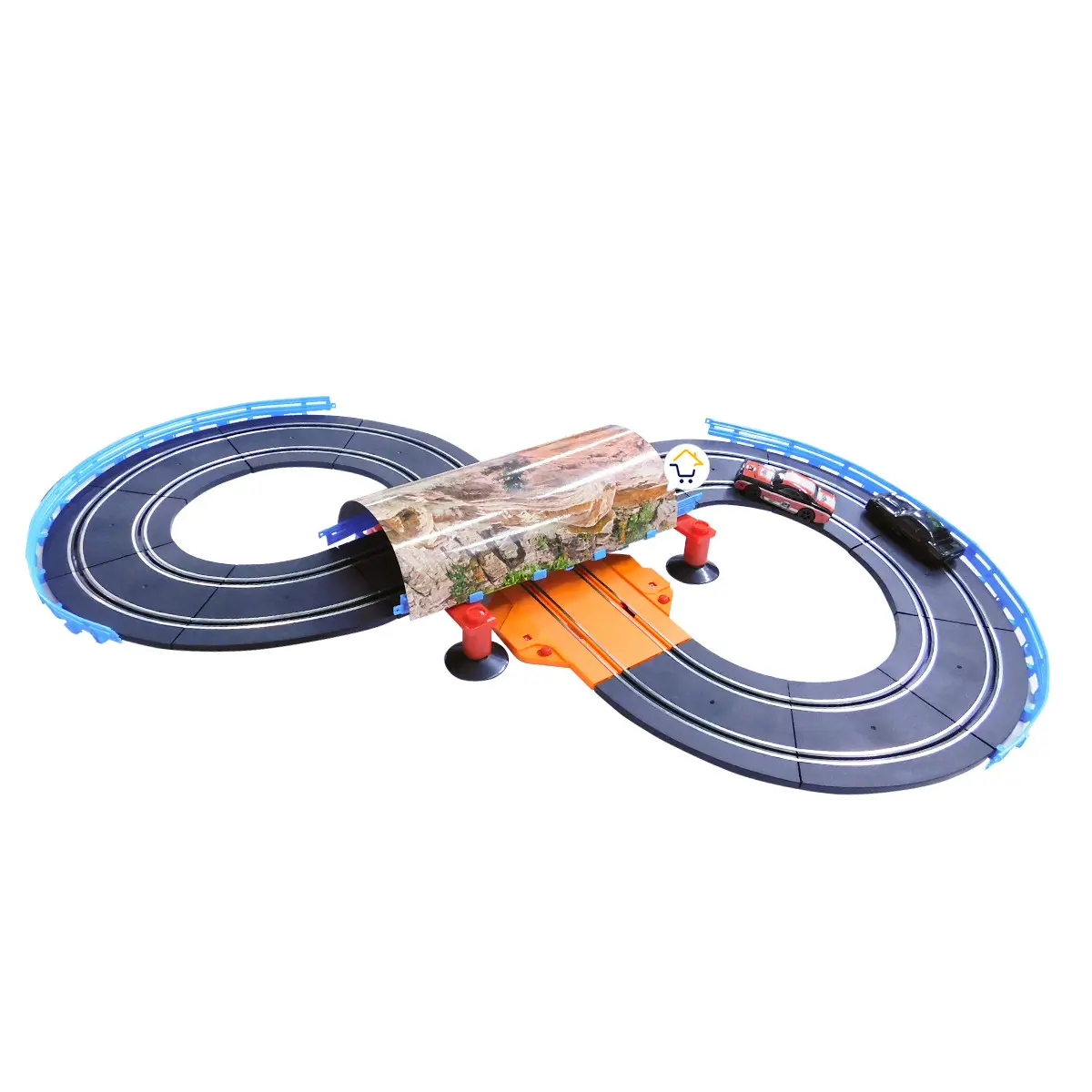Pista de carreras armable con autos y túnel decorativo.