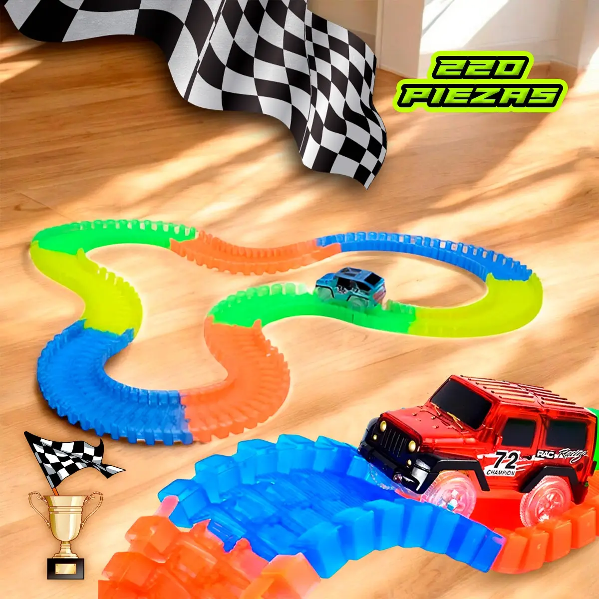 Pista de autos armable con coches motorizados sobre un suelo de madera.