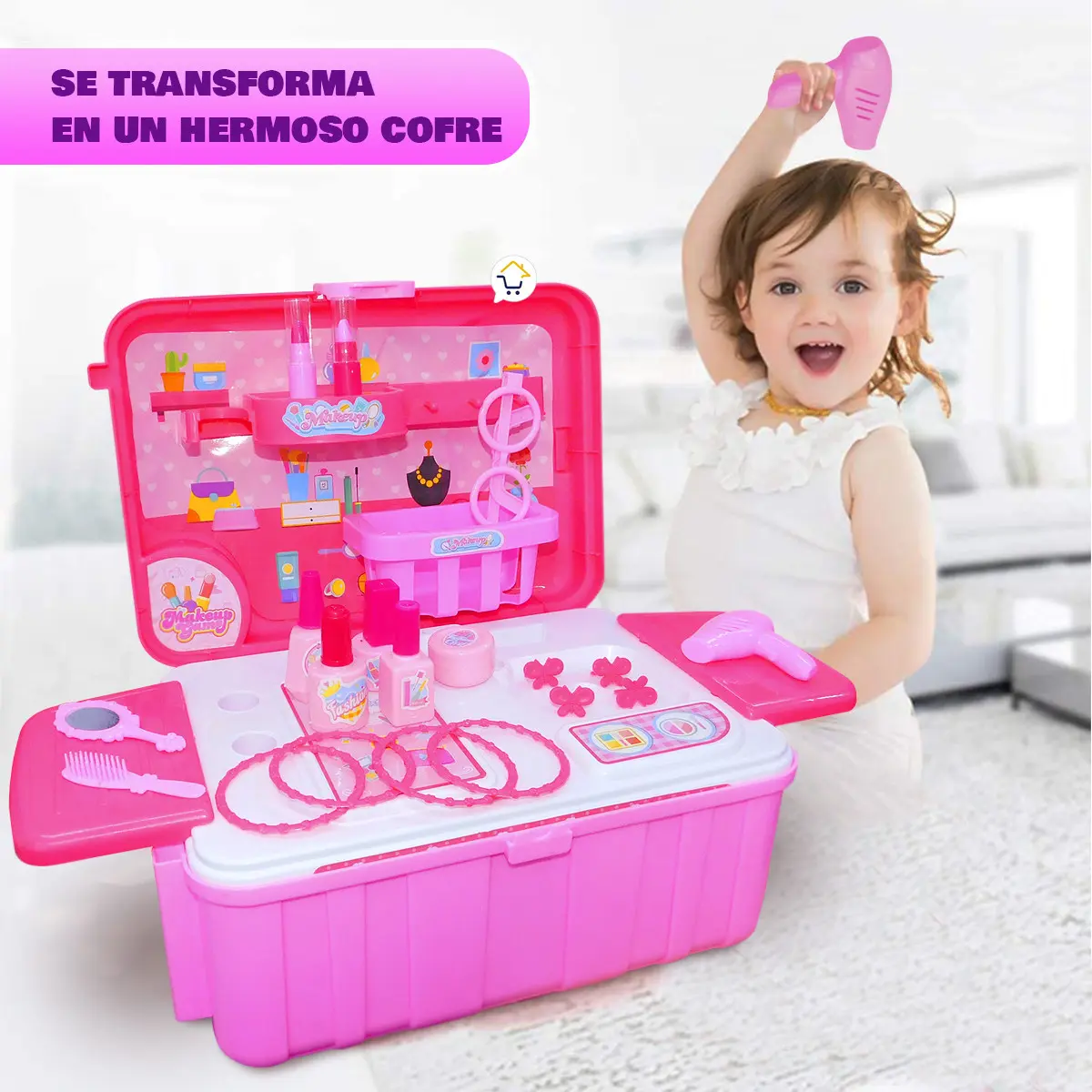 Set de tocador infantil en color rosa con varios accesorios de maquillaje y una niña jugando con un secador de juguete.