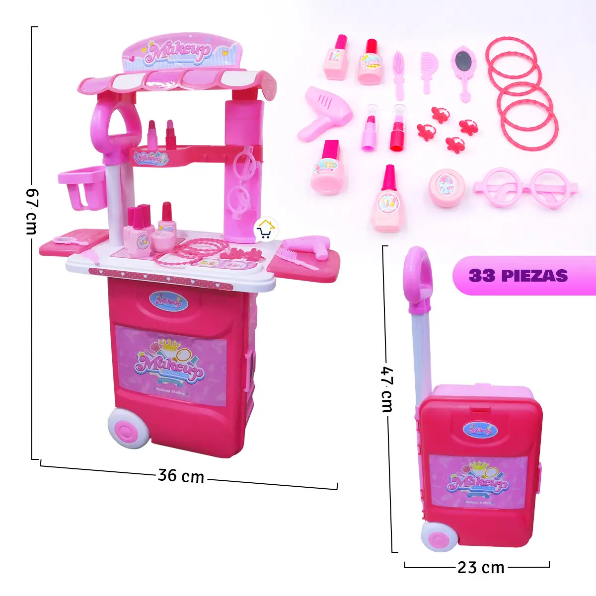 Set de tocador infantil rosa con 33 accesorios de maquillaje.