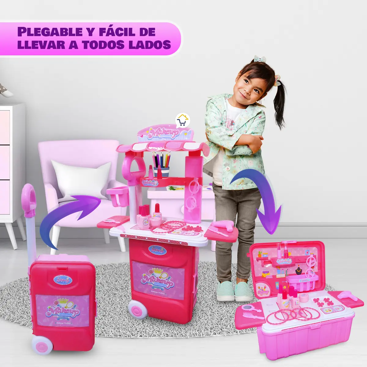 Set de tocador infantil rosa con accesorios de maquillaje y una niña a su lado.