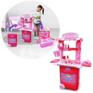 Set de tocador infantil rosa con accesorios, convertible en maleta.