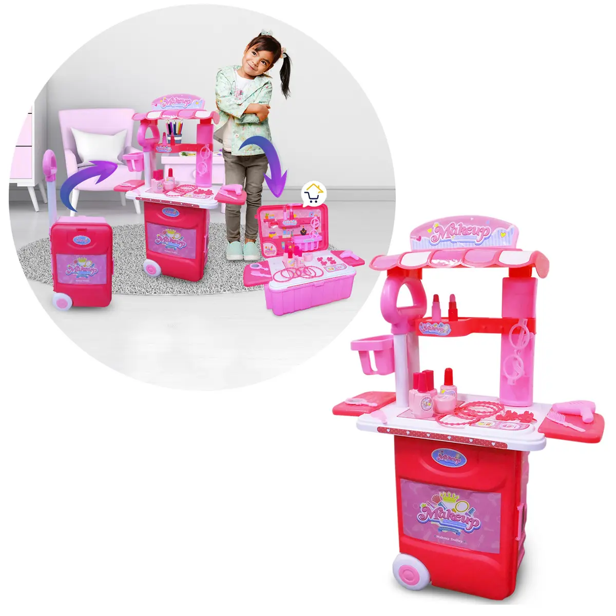 Set de tocador infantil rosa con accesorios, convertible en maleta.