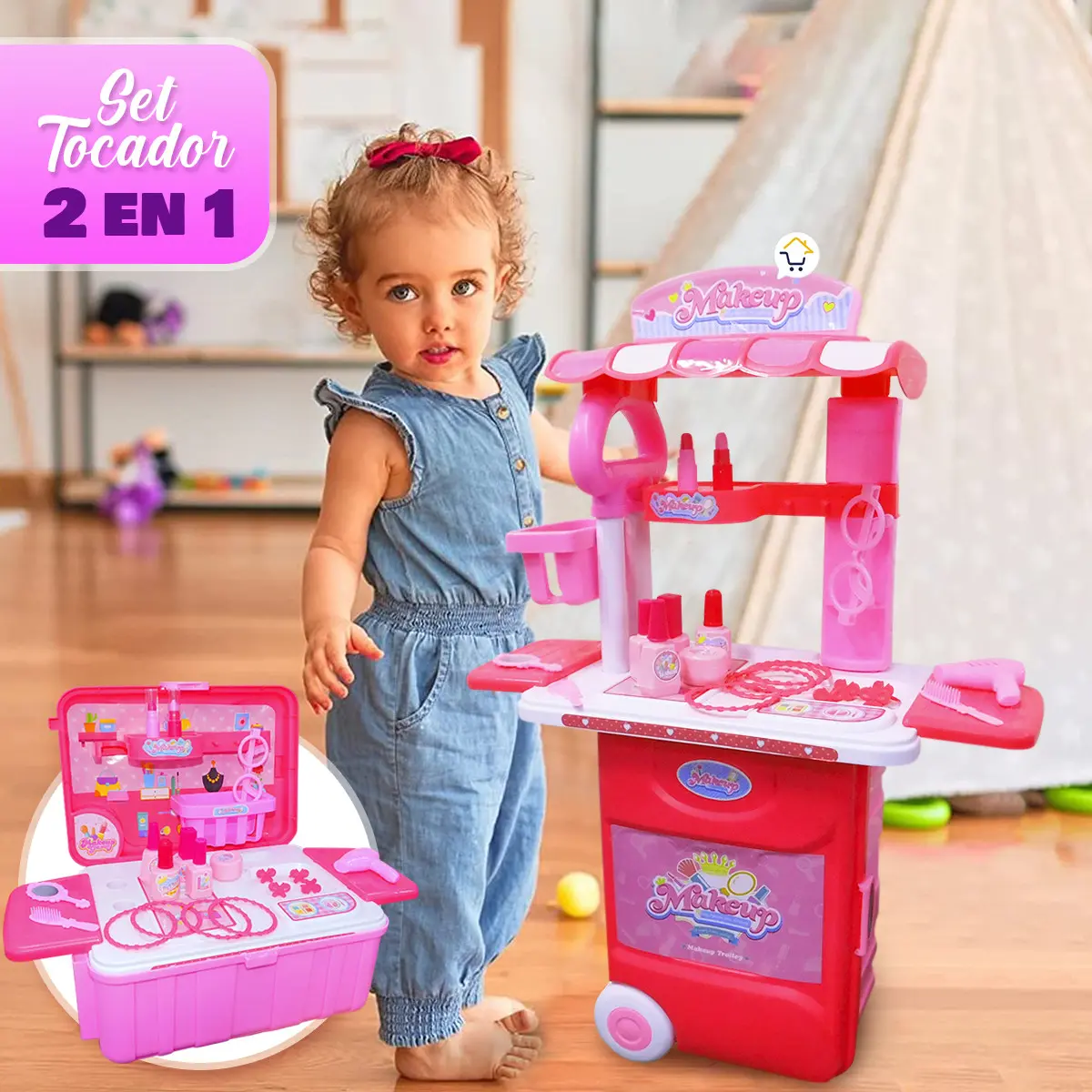Niña junto a un set de tocador infantil rosa con accesorios de maquillaje.