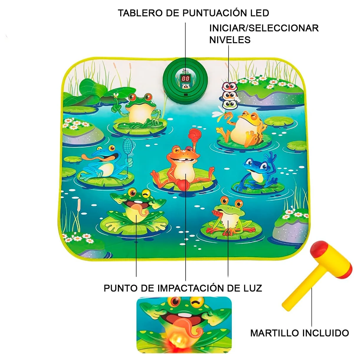 Tapete interactivo colorido con sapos y martillo para jugar.