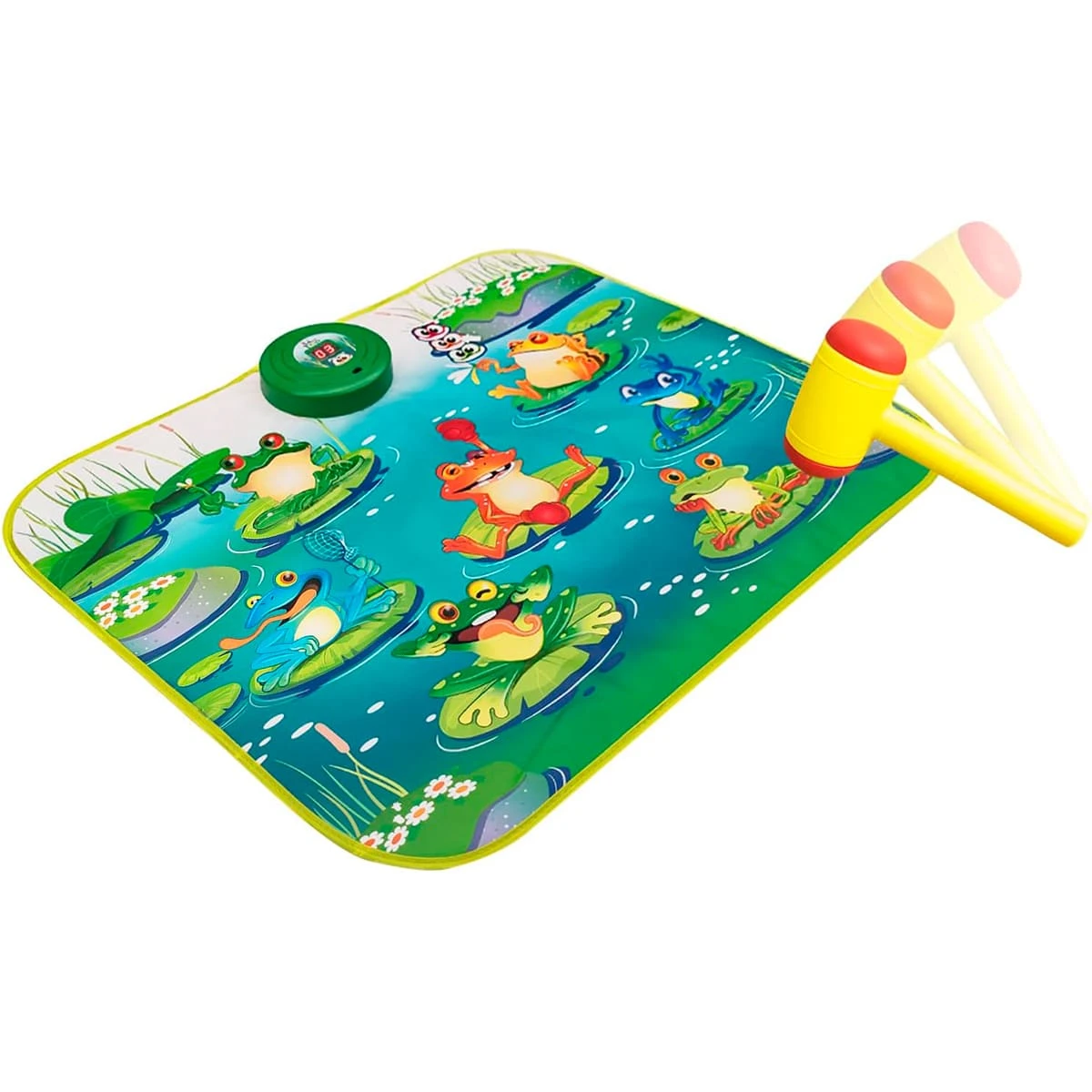 Tapete interactivo colorido con sapos y martillos de juego.