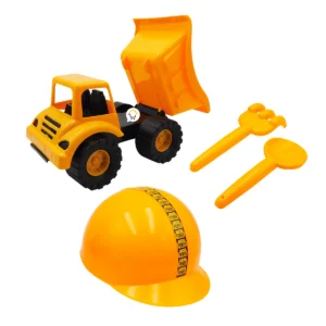 Set de construcción infantil con volqueta, casco y herramientas.